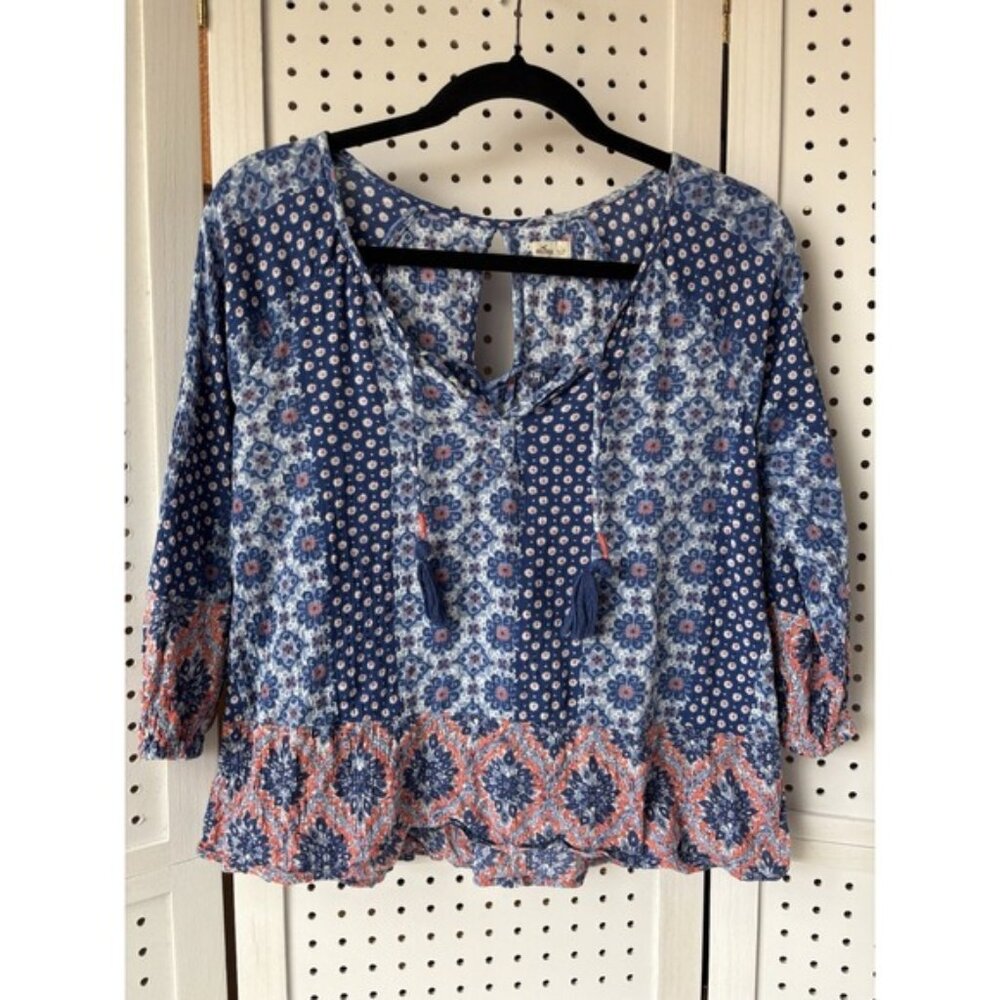 Hollister Women's Small Boho Tassel Cropped Blouse 3/4 SLV Blue Peach